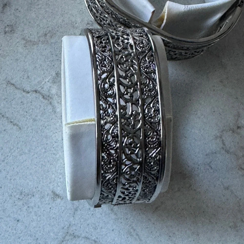 Kessaris Womens Silver Tone Filigree Cuff Watch and Matching Bangle Bracelet Set